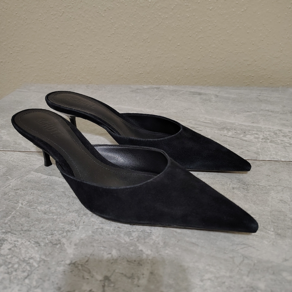 Schutz Julie Black Suede Pointed Toe Mule Heels Size 7 - Picture 2 of 10
